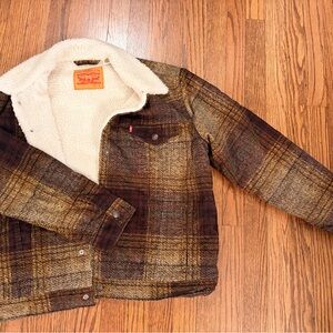 Levi's Brown and Gold Plaid Sherpa-Lined Trucker Jacket